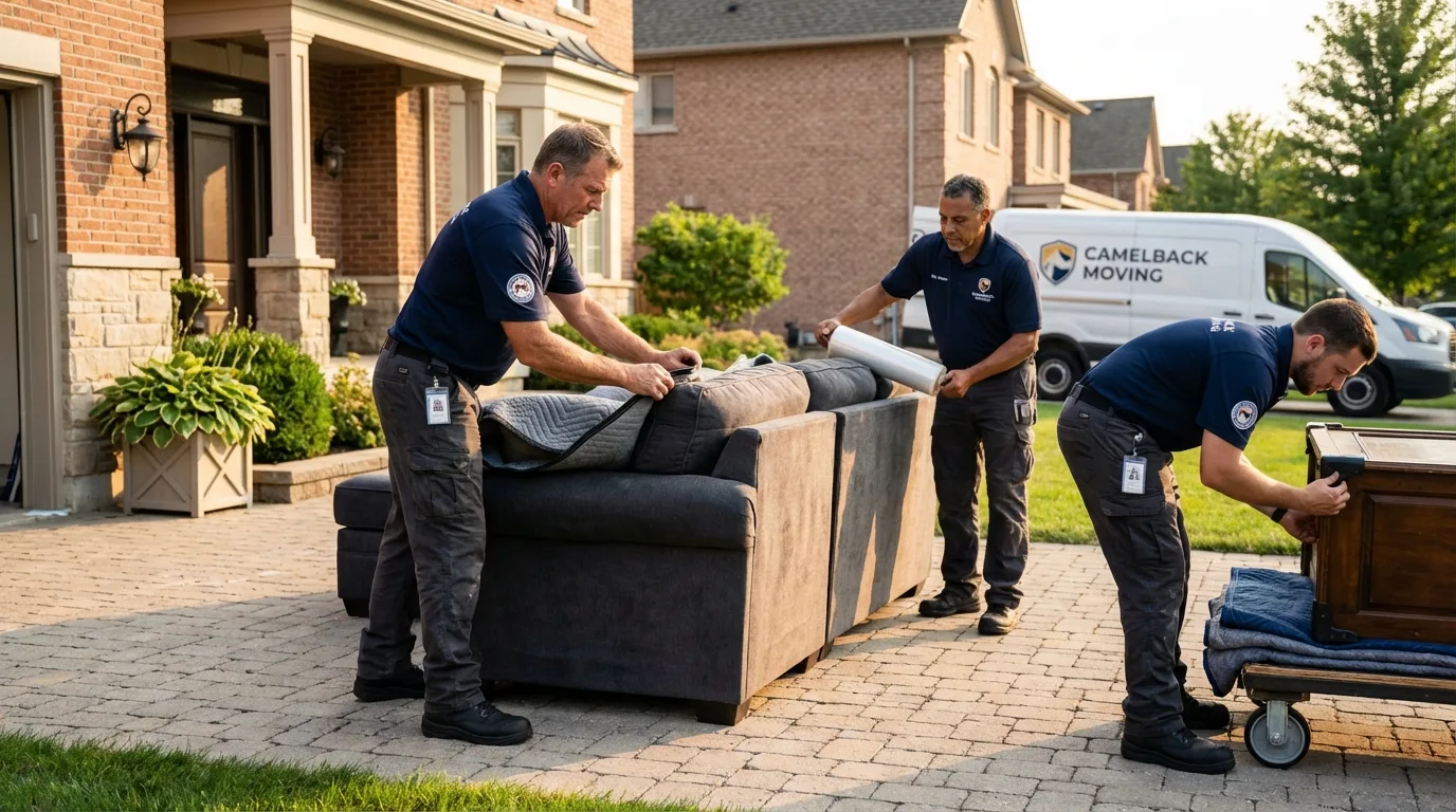 Large estate moving crew wrapping furniture in North Liberty, IA