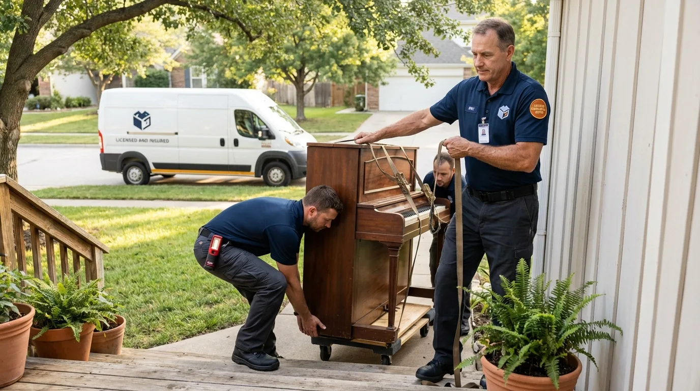 Licensed piano movers securing grand piano in North Liberty, IA