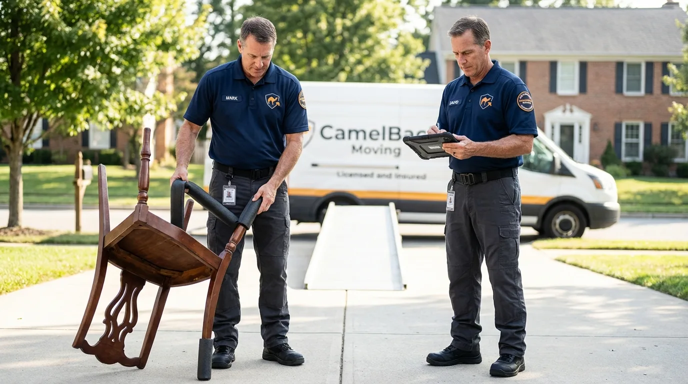 Movers inspecting furniture for damage prevention before loading in North Liberty, IA