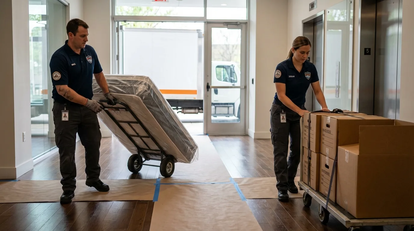Professional apartment movers loading elevator in North Liberty, IA