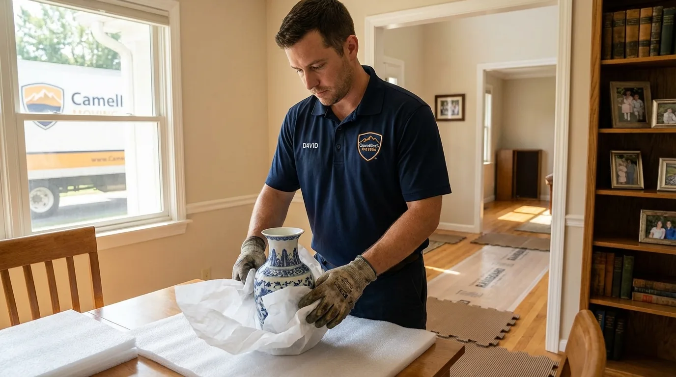 Professional crew carefully wrapping antique vase for senior downsizing move in North Liberty, IA